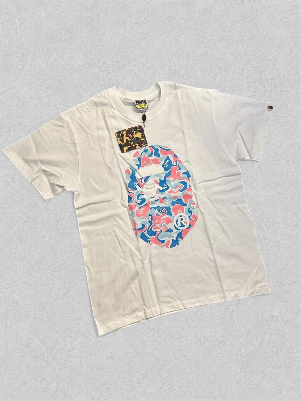 Bape White Tee with Pink & Blue Camo Ape Head